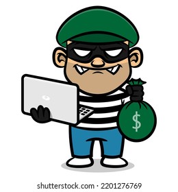A Man hacking an information system with laptop and get a lot of money, best for sticker, logo, and mascot with cyber crime themes