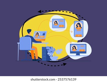 Man hacking into account of woman vector illustration. Cartoon drawing of hacker stealing social network data of girl. Cybersecurity, safety, personal information, internet concept