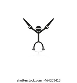 A man with a hacksaw on wood. Vector icon.