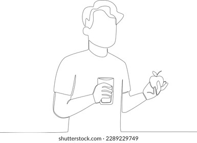 A man had breakfast with an apple and a glass of water. Breakfast one-line drawing