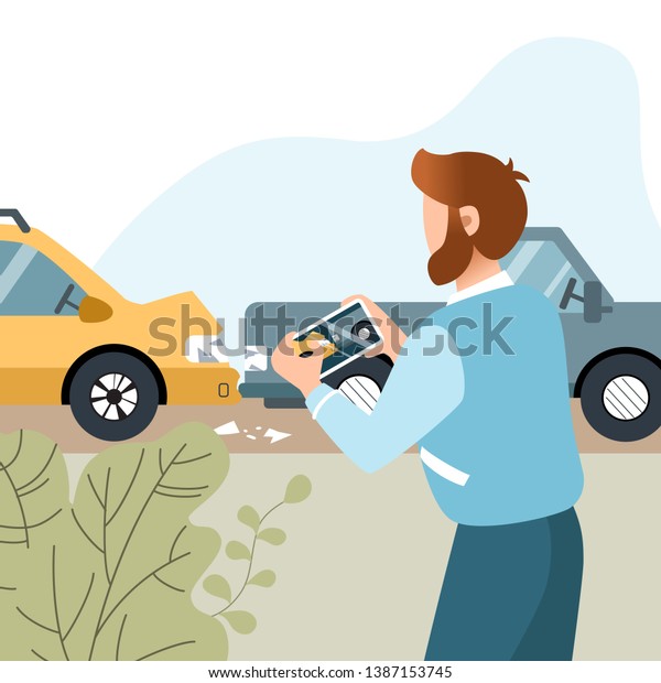 Man had a car\
accident. Motor Insurance. Guy taking picture on his mobile phone.\
Flat vector illustration. 