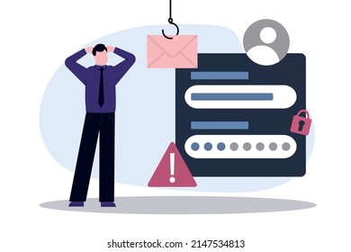 Man had hacker attack. Male internet user open scam email. Fraud investigation and prevention. Phishing attacking concept. Hackers stealing privacy account, data and password. Flat vector illustration