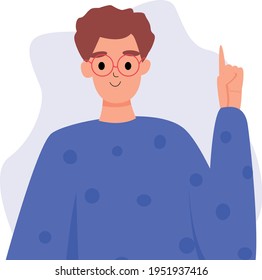 The man had a new idea. The cute boy held up a finger. Flat vector