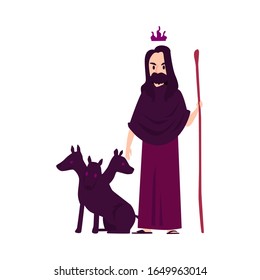 Man or Hades Greek God stands with three-headed dog holding staff cartoon style, vector illustration isolated on white background. Pluto mythological king of dead and underworld with Cerberus