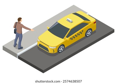 A man hails a yellow taxi on the street in an isometric vector style, representing urban mobility and ride-hailing services. Taxi transport, service. Taxi car.