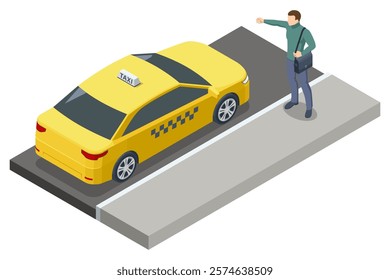 A man hails a yellow taxi on the street in an isometric vector style, representing urban mobility and ride-hailing services. Taxi transport, service. Taxi car.