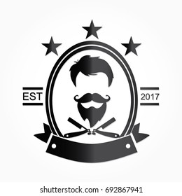 man hair cut with mustache and beard, knife, isolated in round frame with ribbon and stars