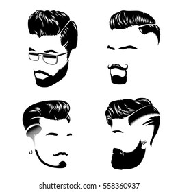 Man hair style collection wiht glasses beard and mustache in monochrome style isolated vector illustration