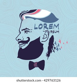 Man hair style design with bow tie, feather and birds isolated on wood texture
