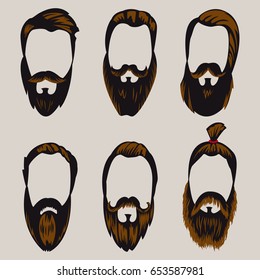 Man hair style icons. Beards and mustaches hipster haircuts. Vector cartoon illustration for barbershop isolated on white background.