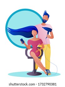 A man hairdresser with a hairdryer in his hands makes a woman s haircut a white background beauty salon. Girl with blue hair.