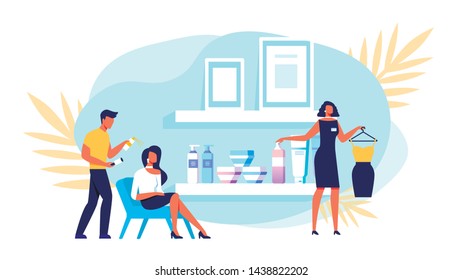 Man Hairdresser Makes Women Styling. Stylist Picks Up Dress. Stylish Women Sitting in Chair in Beauty Salon. Woman Stylist Picks Clothes. Beauty Training. Vector Illustration. Beauty Services.