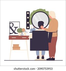 Man at hairdresser room sitting in armchair. Beauty treatments at care parlor barbershop service flat vector illustration
