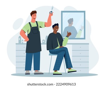 Man at hairdresser. Young guy at specialist appointment, beauty, fashion and style concept. Aesthetics and elegance. Service industry, poster or banner for website. Cartoon flat vector illustration