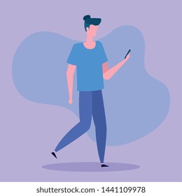 man with hairstyle and casual clothes with smartphone