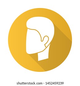 Man hairstyle flat design long shadow glyph icon. Hair care. Man head with short stylish haircut. Professional hairstyling. Hairdresser services. Hairdressing salon. Vector silhouette illustration
