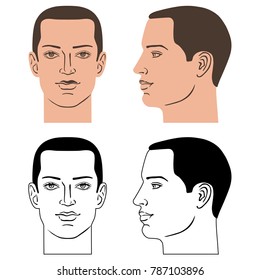 Man hairstyle head (front, side), vector illustration isolated on white background