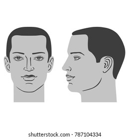 Man hairstyle head (front, side), vector illustration isolated on white background