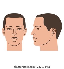 Man hairstyle head (front, side), vector illustration isolated on white background