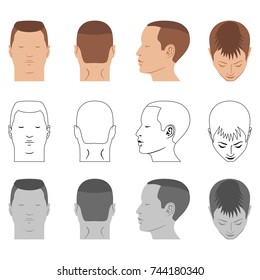 Man hairstyle head set (front, back, top, side views), vector illustration isolated on white background