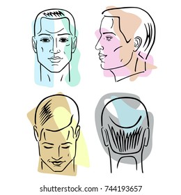 Man hairstyle head set (front, back, side views), vector illustration isolated on white background