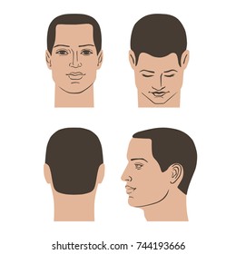 Man hairstyle head set (front, back, side views), vector illustration isolated on white background