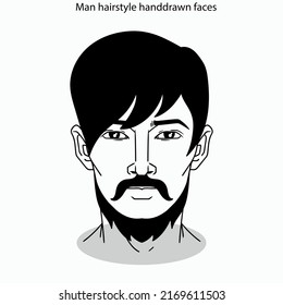 Icono de peinado masculino fija rostros dibujados a mano en blanco y negro plano