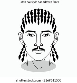 Icono de peinado masculino fija rostros dibujados a mano en blanco y negro plano