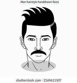 Icono de peinado masculino fija rostros dibujados a mano en blanco y negro plano