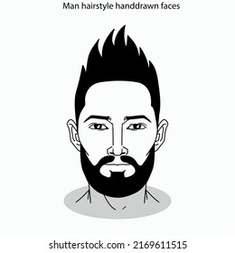 Man hairstyle icon sets flat black white handdrawn faces sketch