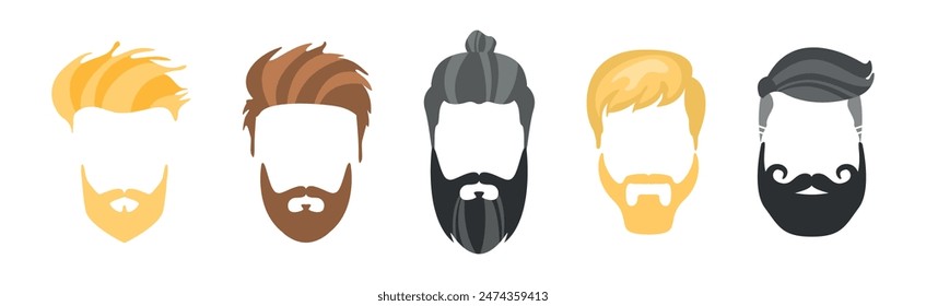 Man Hairstyle and Stylish Type on Beard Vector Set