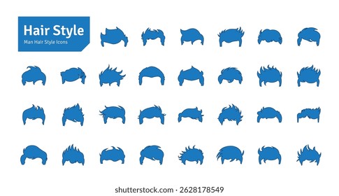 Man Hairstyles Blue Vector Set. Barbershop and Haircut Graphic Collection. Vector Set of Dress Up Constructor. Hipster Men Style Creation Kit Elements.
