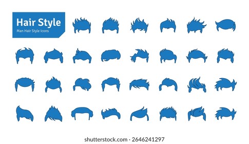 Man Hairstyles Blue Vector Set. Barbershop and Haircut Graphic Collection. Vector Set of Dress Up Constructor. Hipster Men Style Creation Kit Elements.