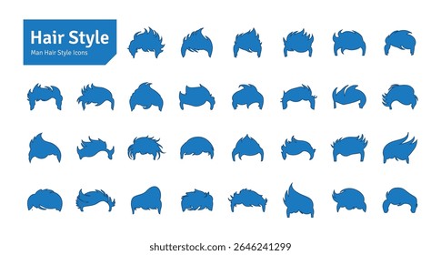 Man Hairstyles Blue Vector Set. Barbershop and Haircut Graphic Collection. Vector Set of Dress Up Constructor. Hipster Men Style Creation Kit Elements.