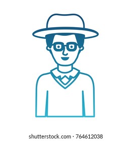 man half body with hat and glasses and sweater with stubble beard in degraded blue silhouette