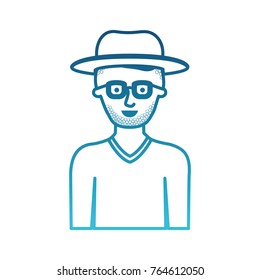 man half body with hat and glasses and sweater with short hair and stubble beard in degraded blue silhouette
