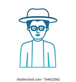 man half body with hat and glasses and jacket with short hair in degraded blue silhouette