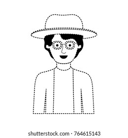 man half body with hat and glasses and shirt with jacket with short wavy hair in black dotted silhouette