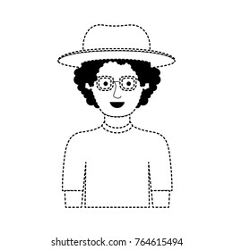 man half body with hat and glasses and t-shirt with curly hair in black dotted silhouette