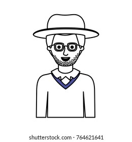 man half body with hat and glasses and sweater with stubble beard in monochrome silhouette