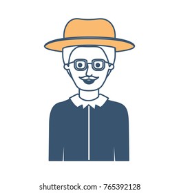 man half body with hat and glasses and shirt with short hair and moustache in color sections silhouette