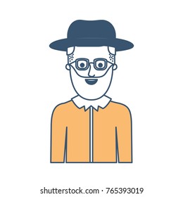 man half body with hat and glasses and shirt with short hair and beard in color sections silhouette