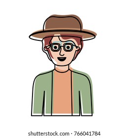 man half body with hat and glasses and shirt with jacket with short wavy hair in watercolor silhouette