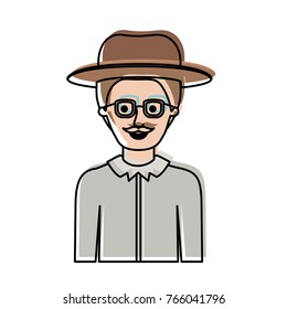 man half body with hat and glasses and shirt with short hair and moustache in watercolor silhouette