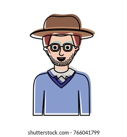 man half body with hat and glasses and sweater with stubble beard in watercolor silhouette