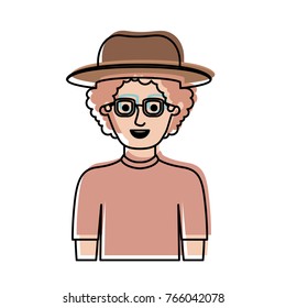 man half body with hat and glasses and t-shirt with curly hair in watercolor silhouette
