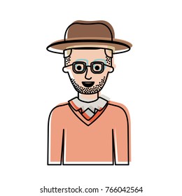 man half body with hat and glasses and sweater with short hair and stubble beard in watercolor silhouette