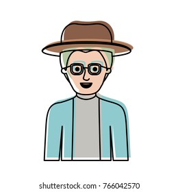 man half body with hat and glasses and jacket with short hair in watercolor silhouette