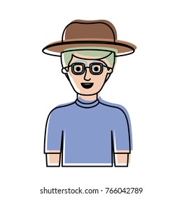 man half body with hat and glasses and t-shirt with short hair in watercolor silhouette