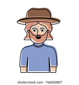 man half body with hat and glasses and t-shirt with mid length hair and beard in watercolor silhouette